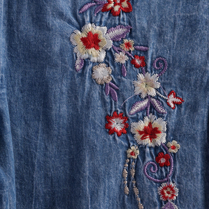 Kids Girls Coord Set in Mid Blue with Floral Embroidery, Shirt & Wide-Leg Pants for Days Out