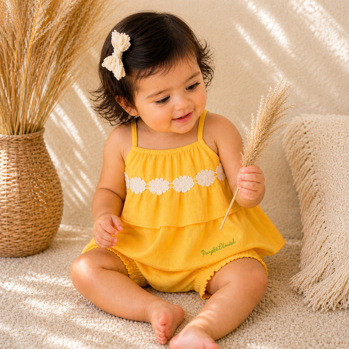 Kids Girls Coord Set in Mustard with Floral Applique Cotton Top & Shorts for Summer Comfort Wear
