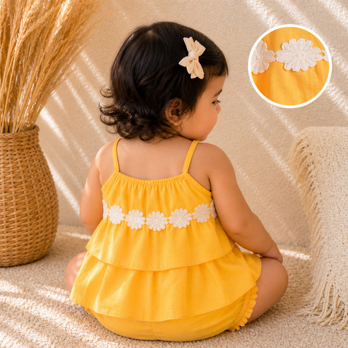 Kids Girls Coord Set in Mustard with Floral Applique Cotton Top & Shorts for Summer Comfort Wear