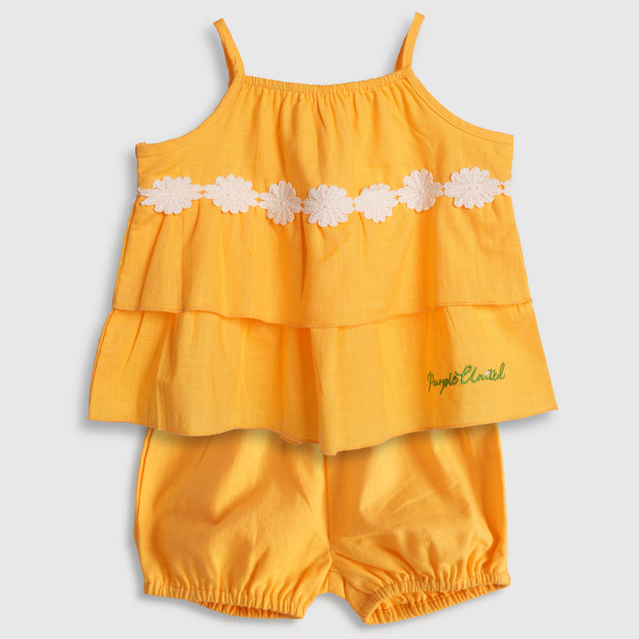 Kids Girls Coord Set in Mustard with Floral Applique Cotton Top & Shorts for Summer Comfort Wear