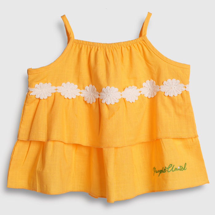 Kids Girls Coord Set in Mustard with Floral Applique Cotton Top & Shorts for Summer Comfort Wear