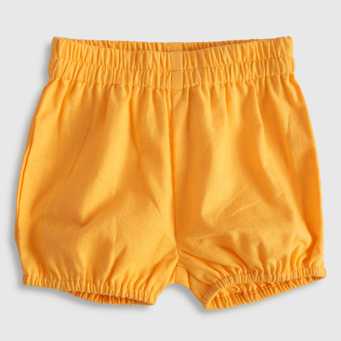 Kids Girls Coord Set in Mustard with Floral Applique Cotton Top & Shorts for Summer Comfort Wear