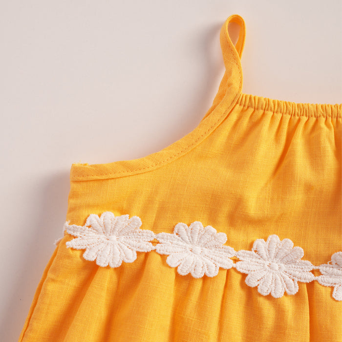 Kids Girls Coord Set in Mustard with Floral Applique Cotton Top & Shorts for Summer Comfort Wear