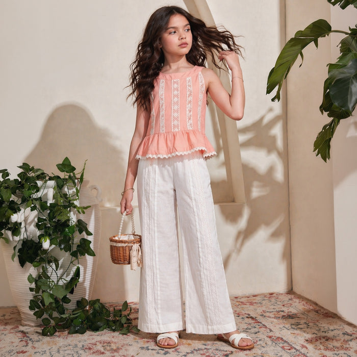 Kids Girls Coord Set in Peach White with Cotton Lace Top & Comfort Straight Fit Pants