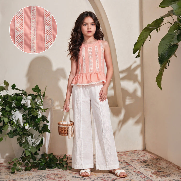 Kids Girls Coord Set in Peach White with Cotton Lace Top & Comfort Straight Fit Pants