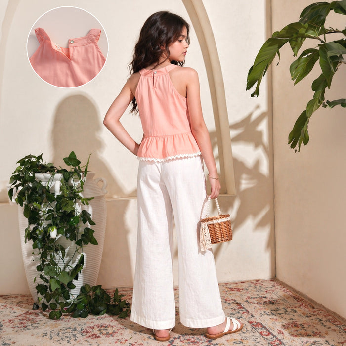Kids Girls Coord Set in Peach White with Cotton Lace Top & Comfort Straight Fit Pants