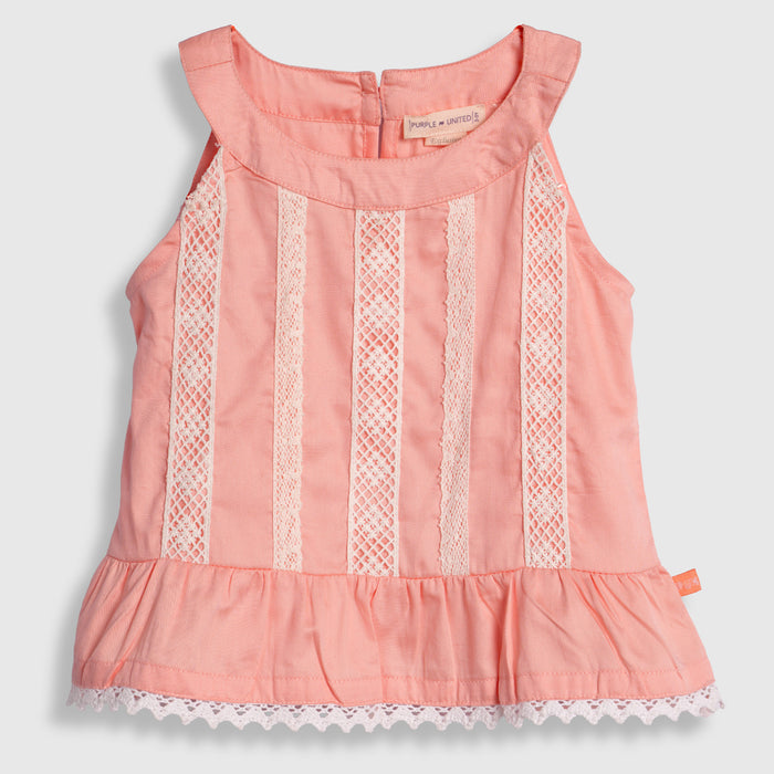 Kids Girls Coord Set in Peach White with Cotton Lace Top & Comfort Straight Fit Pants