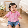 Kids Girls Coord Set in Pink Light Blue with Checked Embroidered Top & Denim Relaxed Shorts