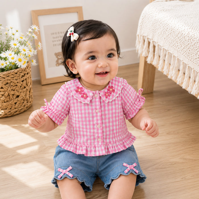 Kids Girls Coord Set in Pink Light Blue with Checked Embroidered Top & Denim Relaxed Shorts