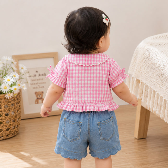 Kids Girls Coord Set in Pink Light Blue with Checked Embroidered Top & Denim Relaxed Shorts