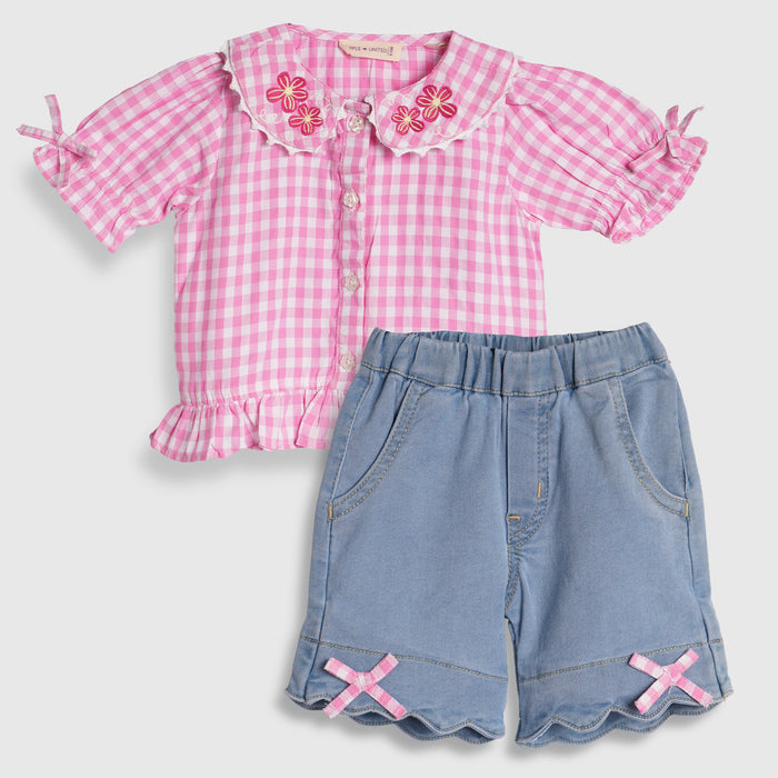 Kids Girls Coord Set in Pink Light Blue with Checked Embroidered Top & Denim Relaxed Shorts