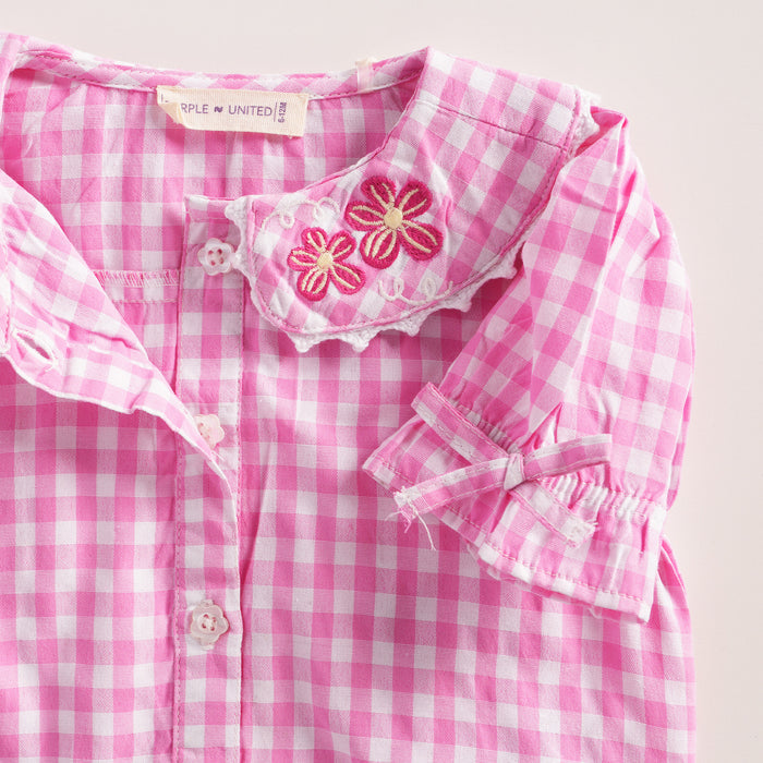 Kids Girls Coord Set in Pink Light Blue with Checked Embroidered Top & Denim Relaxed Shorts