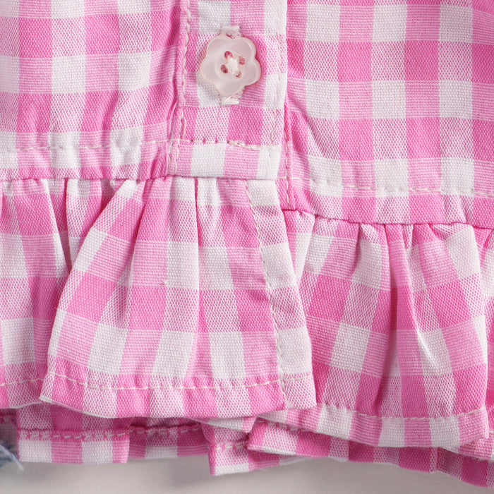 Kids Girls Coord Set in Pink Light Blue with Checked Embroidered Top & Denim Relaxed Shorts