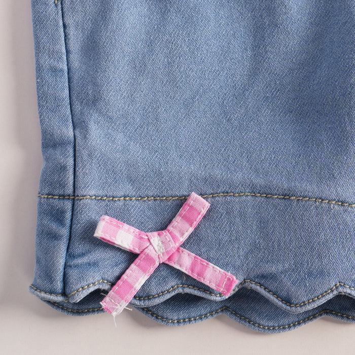 Kids Girls Coord Set in Pink Light Blue with Checked Embroidered Top & Denim Relaxed Shorts