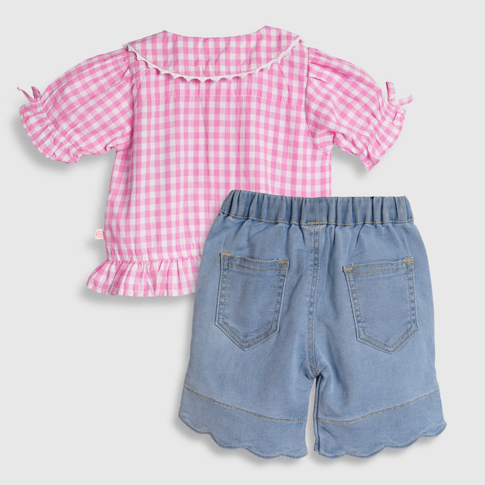 Kids Girls Coord Set in Pink Light Blue with Checked Embroidered Top & Denim Relaxed Shorts