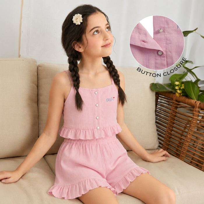 Kids Girls Coord Set in Pink with Ruffle Crop Top & Matching Skirt Styling for Comfort Wear