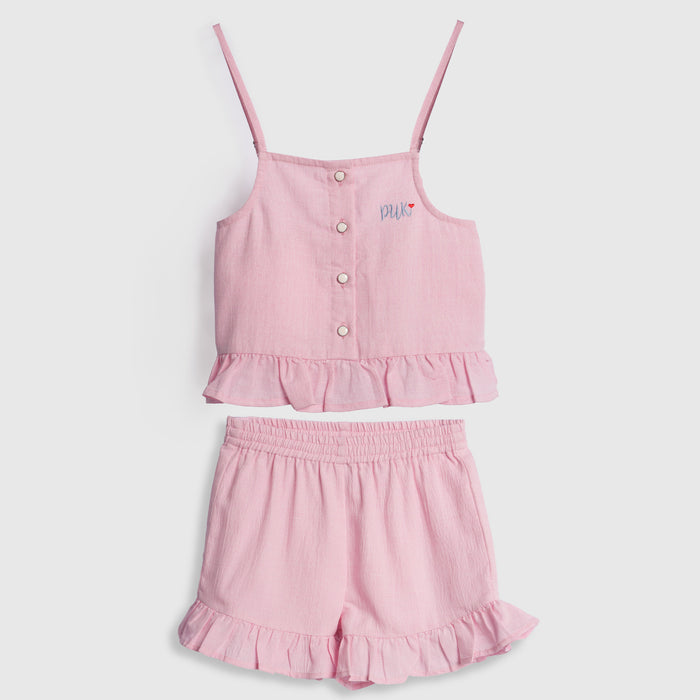 Kids Girls Coord Set in Pink with Ruffle Crop Top & Matching Skirt Styling for Comfort Wear