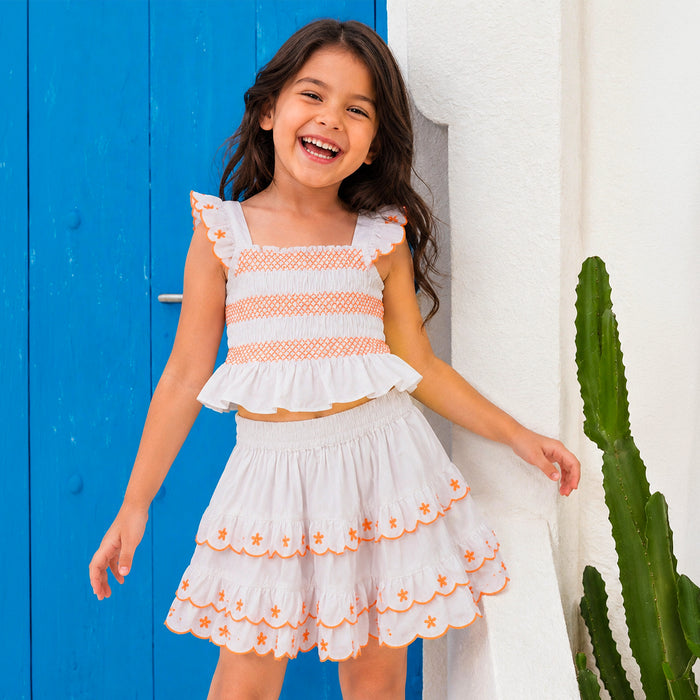 Kids Girls Coord Set in White with Floral Embroidery Smocked Top & Layered Elastic Fit Skirt