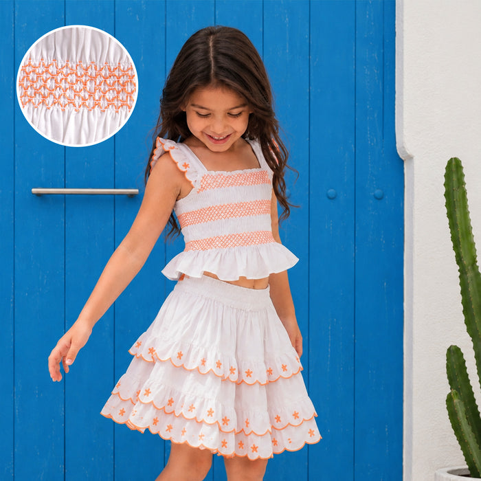 Kids Girls Coord Set in White with Floral Embroidery Smocked Top & Layered Elastic Fit Skirt