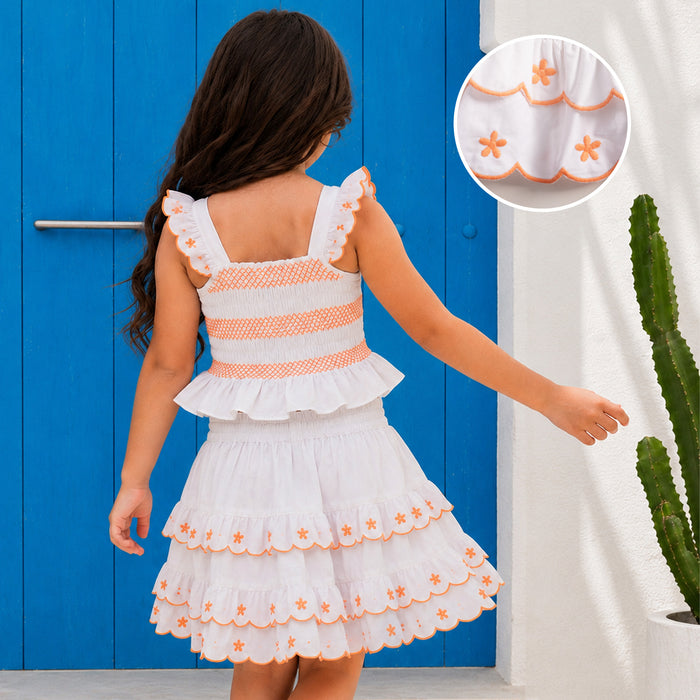 Kids Girls Coord Set in White with Floral Embroidery Smocked Top & Layered Elastic Fit Skirt