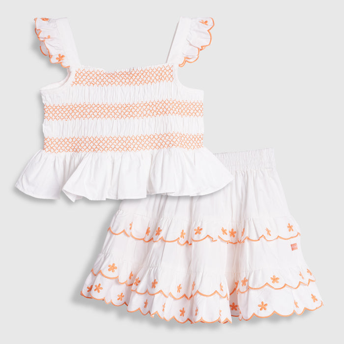 Kids Girls Coord Set in White with Floral Embroidery Smocked Top & Layered Elastic Fit Skirt