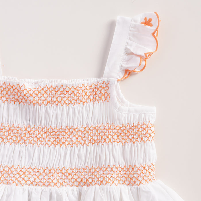 Kids Girls Coord Set in White with Floral Embroidery Smocked Top & Layered Elastic Fit Skirt