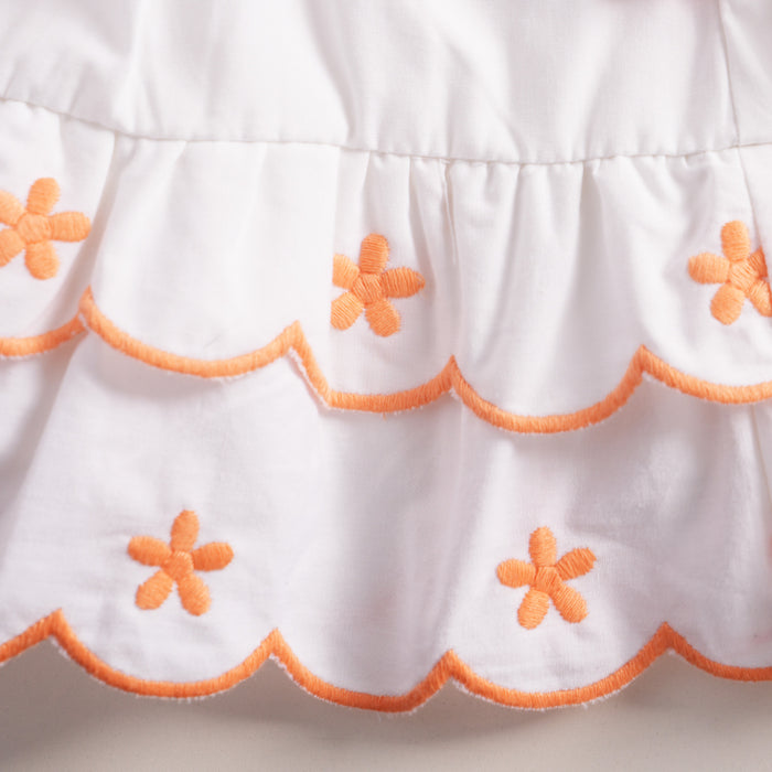 Kids Girls Coord Set in White with Floral Embroidery Smocked Top & Layered Elastic Fit Skirt