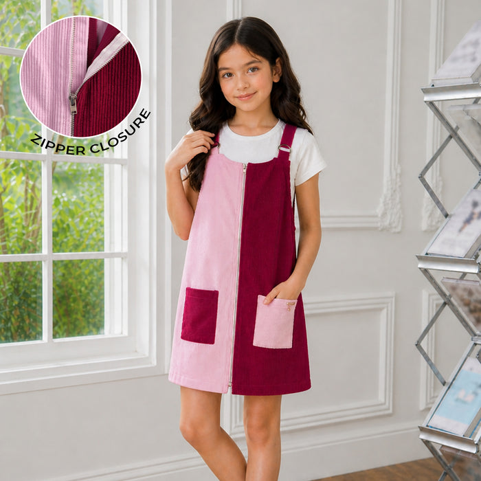 Kids Girls Corduroy Pink Dungaree Dress with Colorblock Design & Front Zip Comfortable Fit