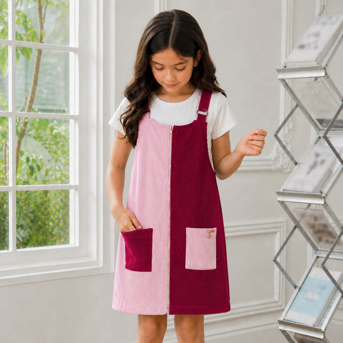 Kids Girls Corduroy Pink Dungaree Dress with Colorblock Design & Front Zip Comfortable Fit
