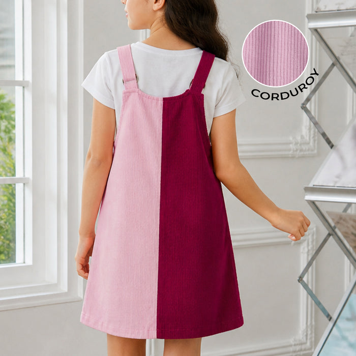 Kids Girls Corduroy Pink Dungaree Dress with Colorblock Design & Front Zip Comfortable Fit