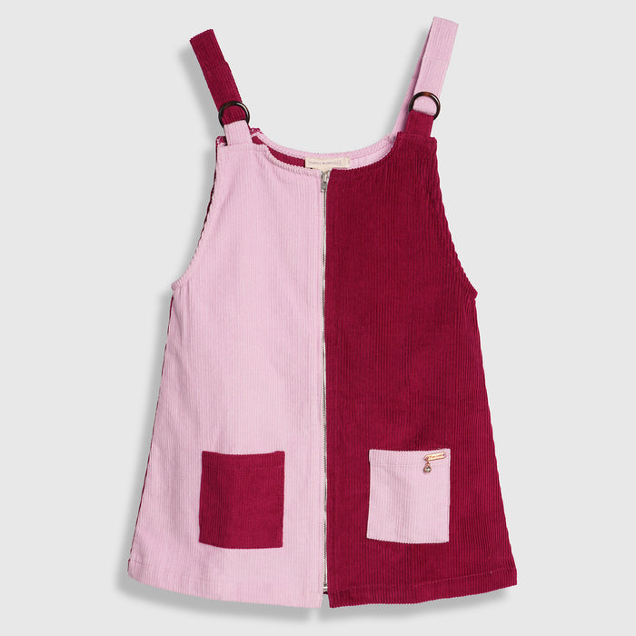 Kids Girls Corduroy Pink Dungaree Dress with Colorblock Design & Front Zip Comfortable Fit