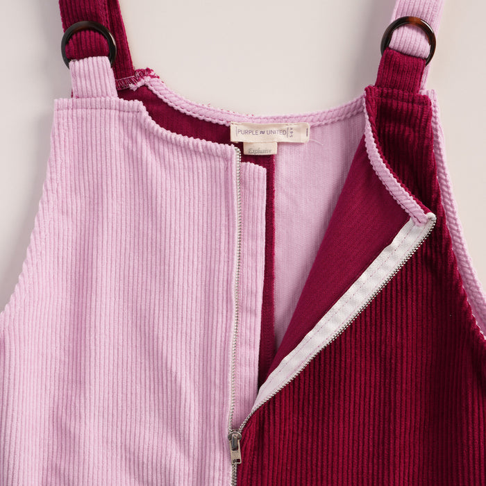Kids Girls Corduroy Pink Dungaree Dress with Colorblock Design & Front Zip Comfortable Fit