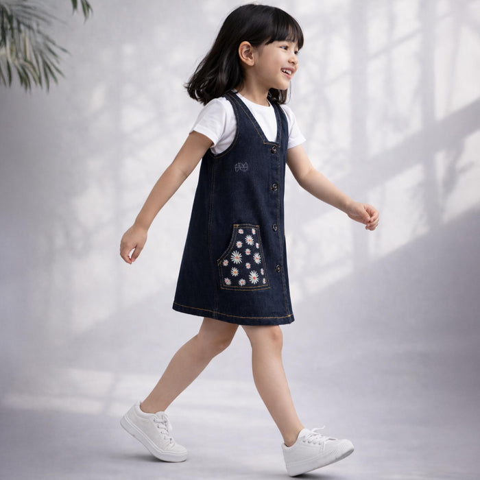 Kids Girls Dark Blue Denim Dungaree Dress with Cross Back Straps & Embroidered Pocket