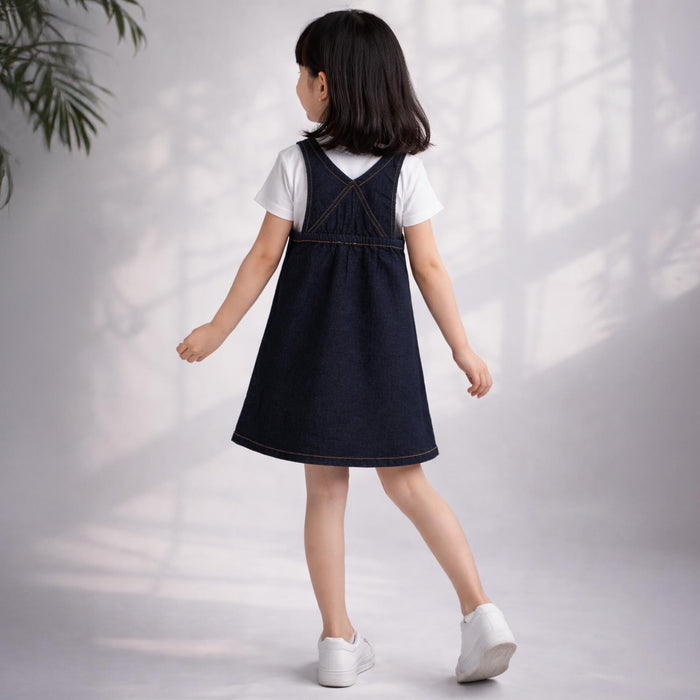 Kids Girls Dark Blue Denim Dungaree Dress with Cross Back Straps & Embroidered Pocket
