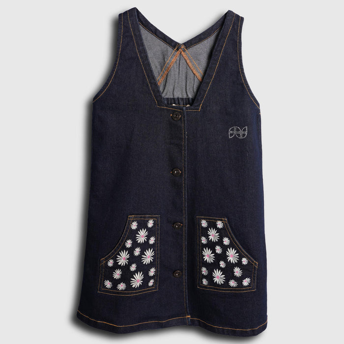 Kids Girls Dark Blue Denim Dungaree Dress with Cross Back Straps & Embroidered Pocket