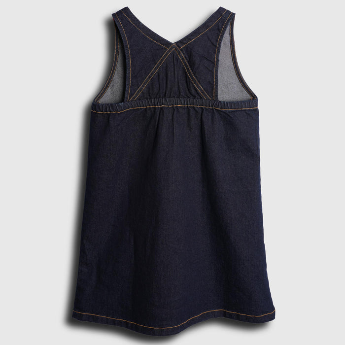Kids Girls Dark Blue Denim Dungaree Dress with Cross Back Straps & Embroidered Pocket