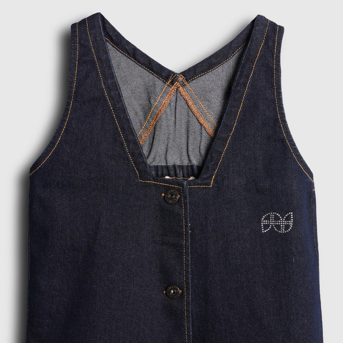 Kids Girls Dark Blue Denim Dungaree Dress with Cross Back Straps & Embroidered Pocket