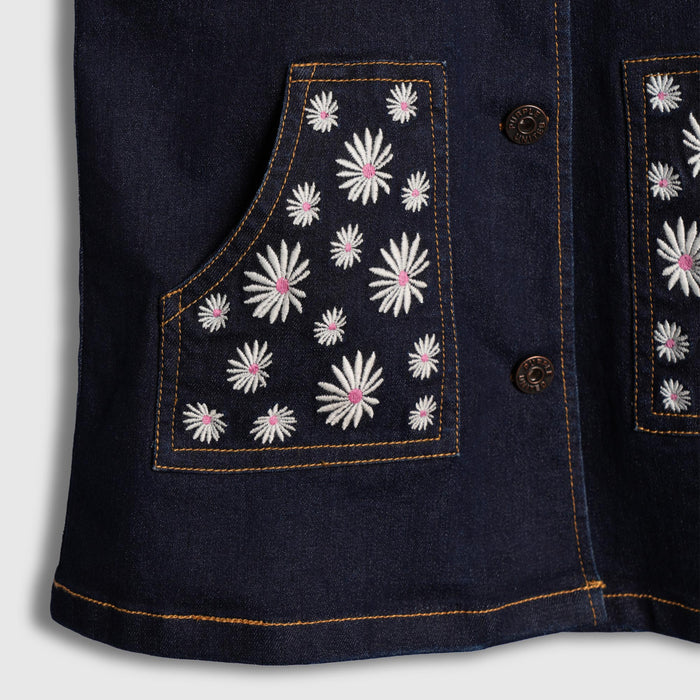 Kids Girls Dark Blue Denim Dungaree Dress with Cross Back Straps & Embroidered Pocket