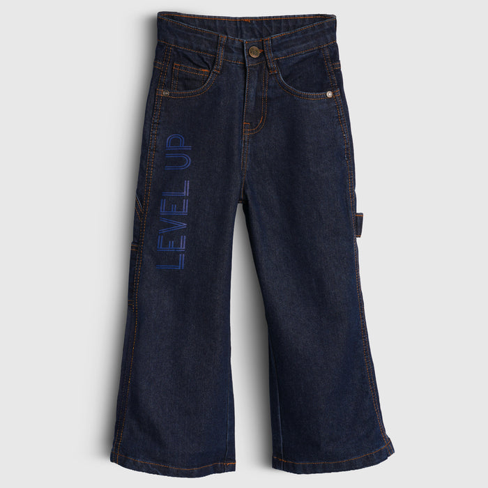 Kids Girls Denim Blue Wide Leg Cargo Jeans with Structured Fit & Utility Pockets