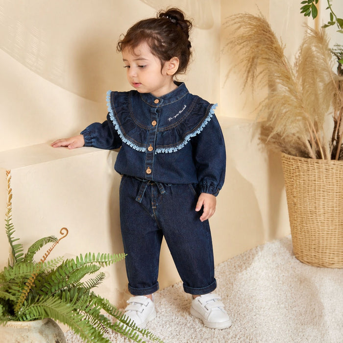 Kids Girls Denim Coord Set in Dark Blue with Ruffle Lace Detail Cotton Fit