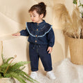 Kids Girls Denim Coord Set in Dark Blue with Ruffle Lace Detail Cotton Fit