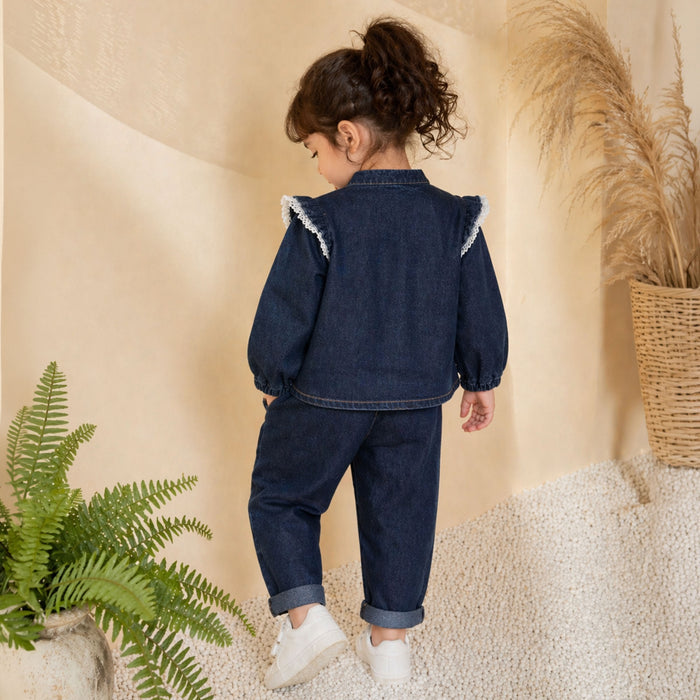 Kids Girls Denim Coord Set in Dark Blue with Ruffle Lace Detail Cotton Fit