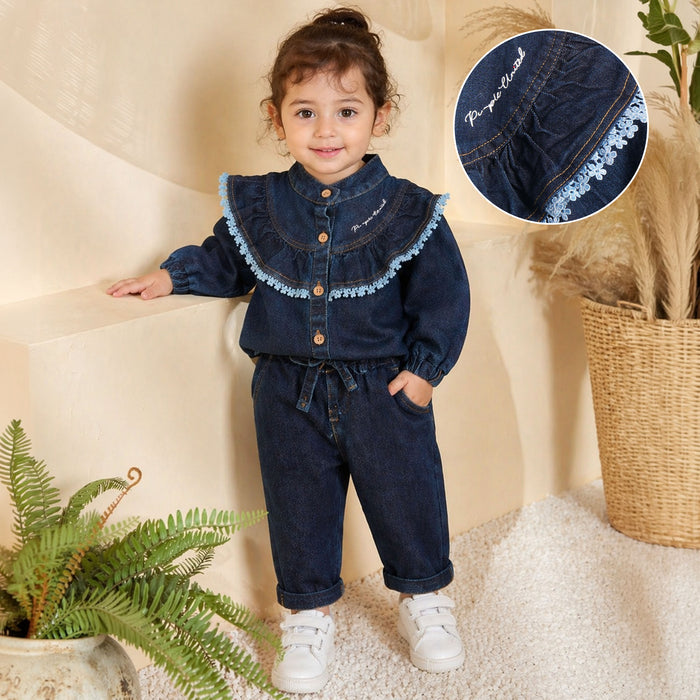 Kids Girls Denim Coord Set in Dark Blue with Ruffle Lace Detail Cotton Fit