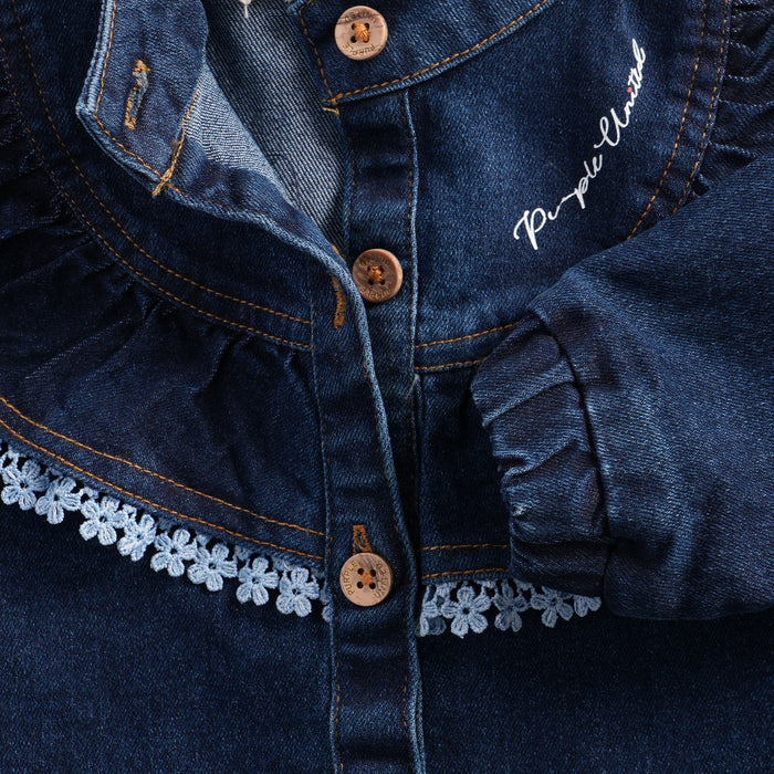 Kids Girls Denim Coord Set in Dark Blue with Ruffle Lace Detail Cotton Fit