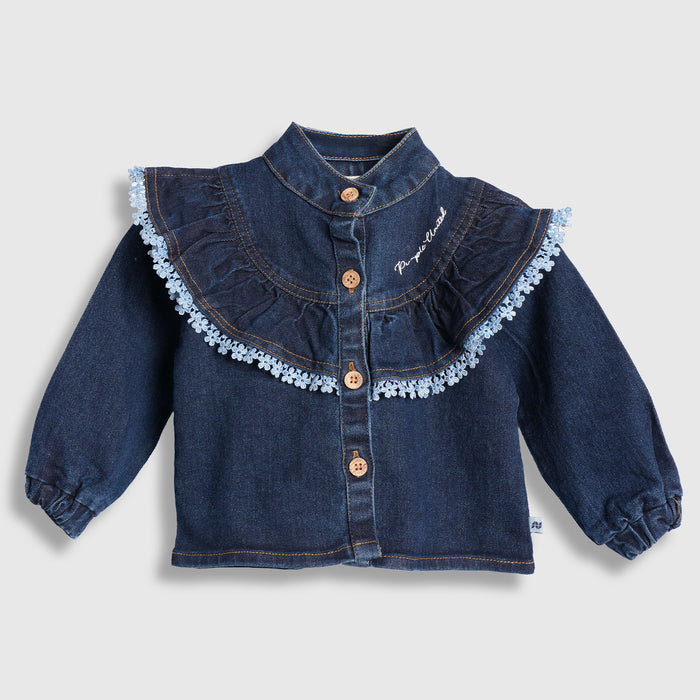 Kids Girls Denim Coord Set in Dark Blue with Ruffle Lace Detail Cotton Fit