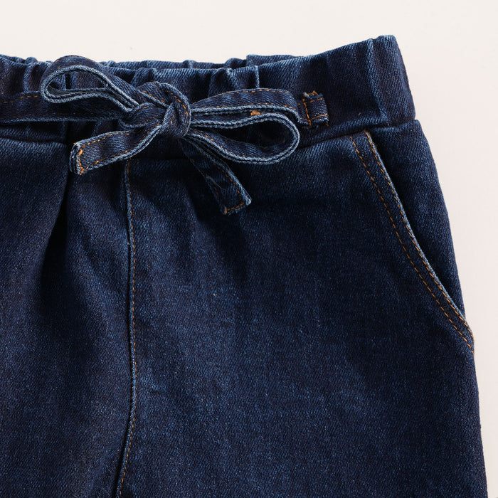 Kids Girls Denim Coord Set in Dark Blue with Ruffle Lace Detail Cotton Fit