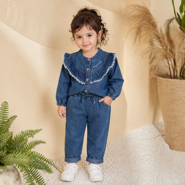 Kids Girls Denim Coord Set in Mid Blue with Ruffle Lace Detail Cotton Fit