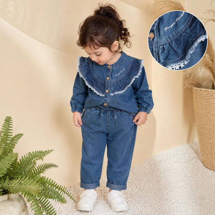 Kids Girls Denim Coord Set in Mid Blue with Ruffle Lace Detail Cotton Fit