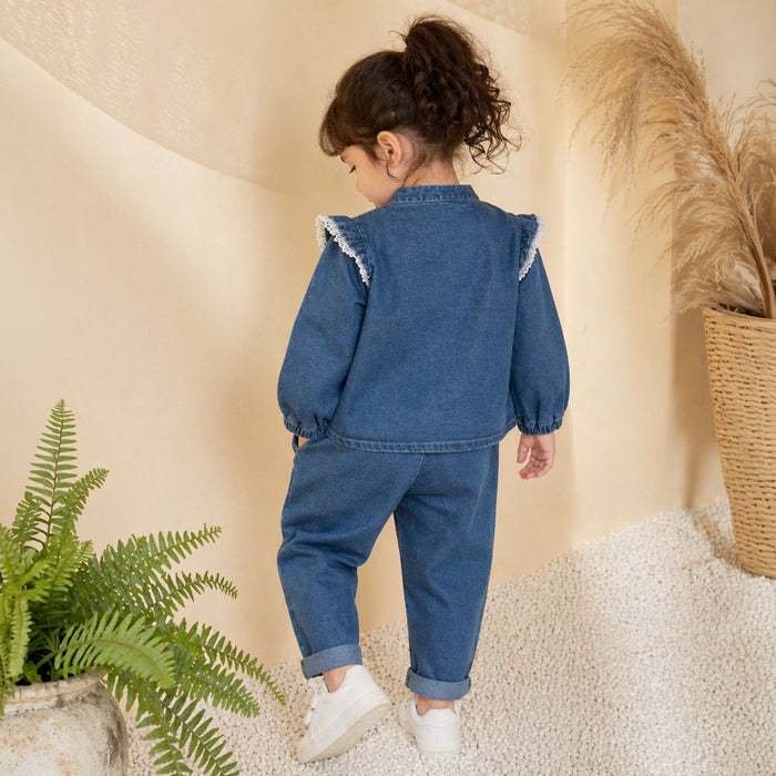 Kids Girls Denim Coord Set in Mid Blue with Ruffle Lace Detail Cotton Fit