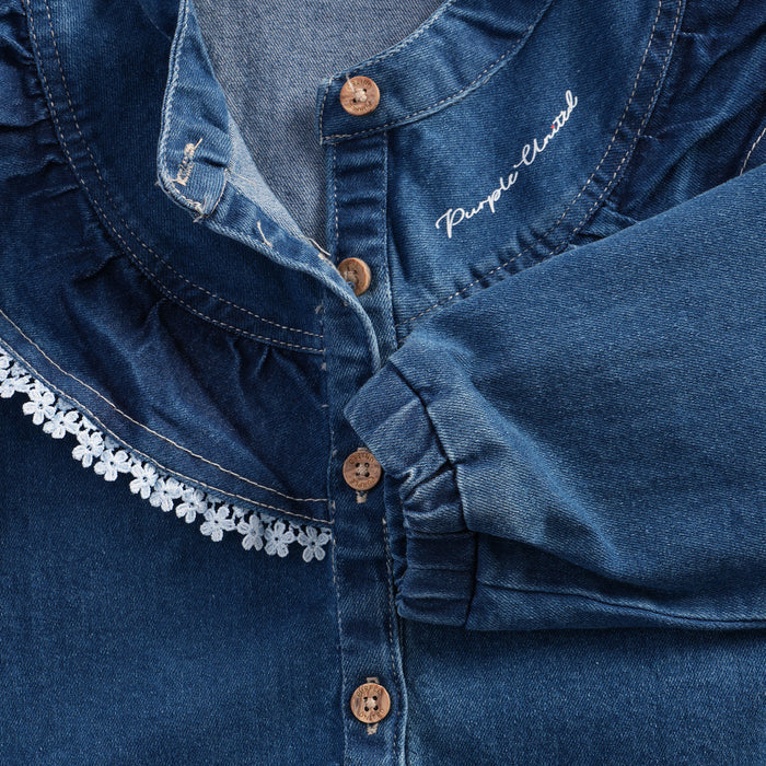 Kids Girls Denim Coord Set in Mid Blue with Ruffle Lace Detail Cotton Fit